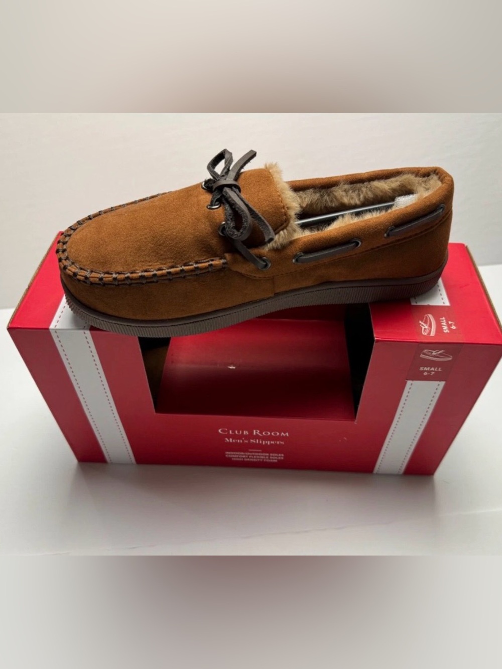 Club Room Men's Faux-Suede Moccasin Slippers with Faux-Fur Lining Tan Small 6-7